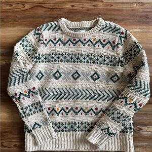LL Bean Fair Isle Cream and Green Knit Crewneck Sweater